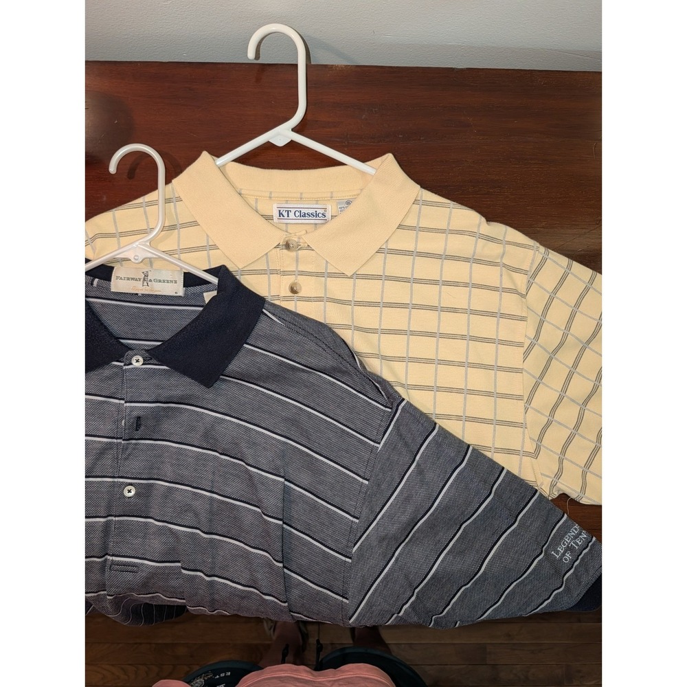 Vintage Mens Polo Shirt Lot XL Cream and Blue Striped Grandpacore Preppy‎